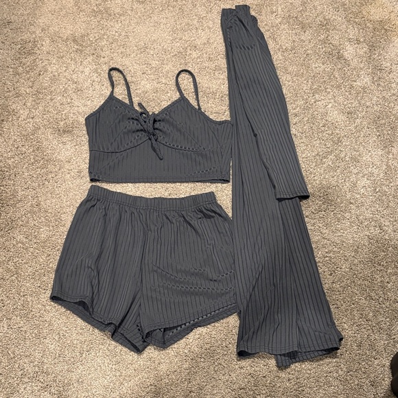 Other - 3-Piece Women's Charcoal Ribbed Lounge Set - Bralette, Shorts & Pants